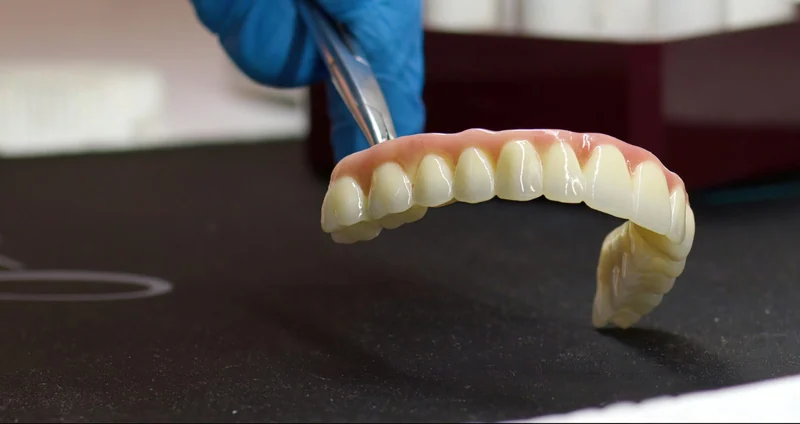 Close-up of an implant-supported overdenture on soft linen